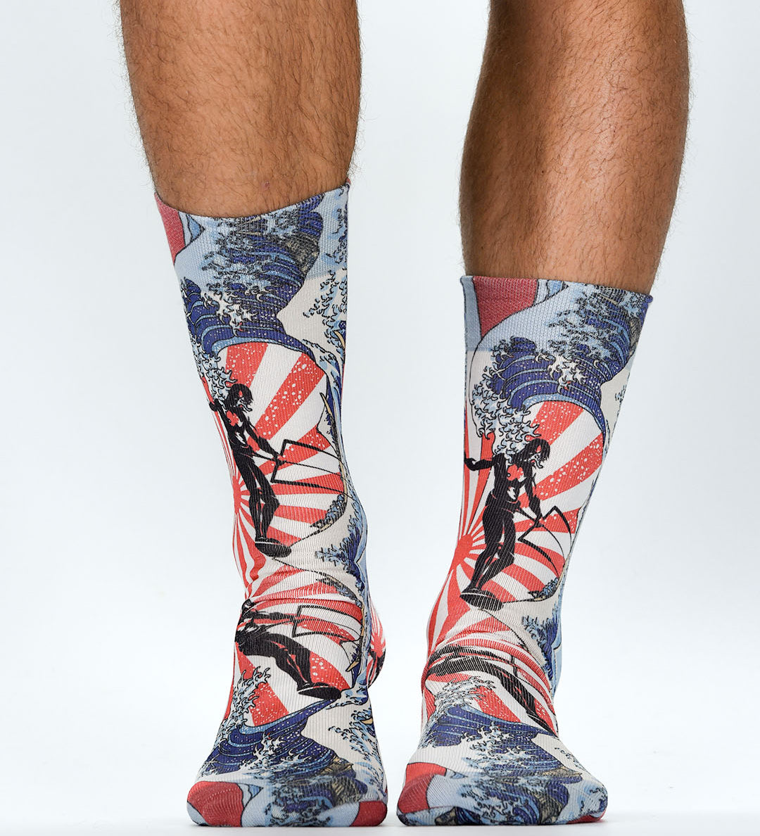 Colorful socks with a design of people on a white background