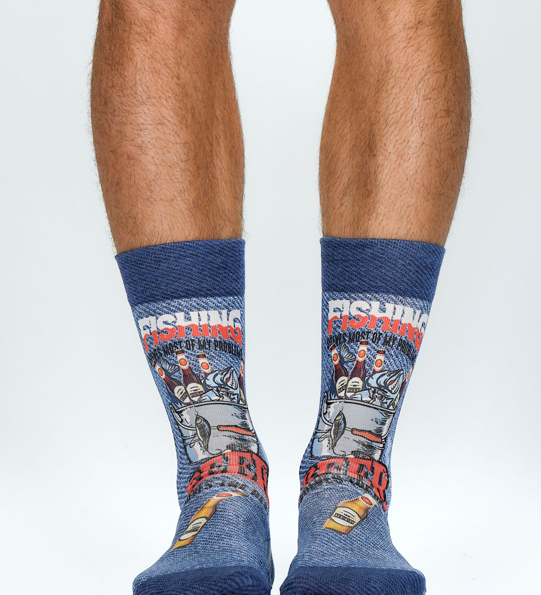 Colourful socks with fishing and beer design