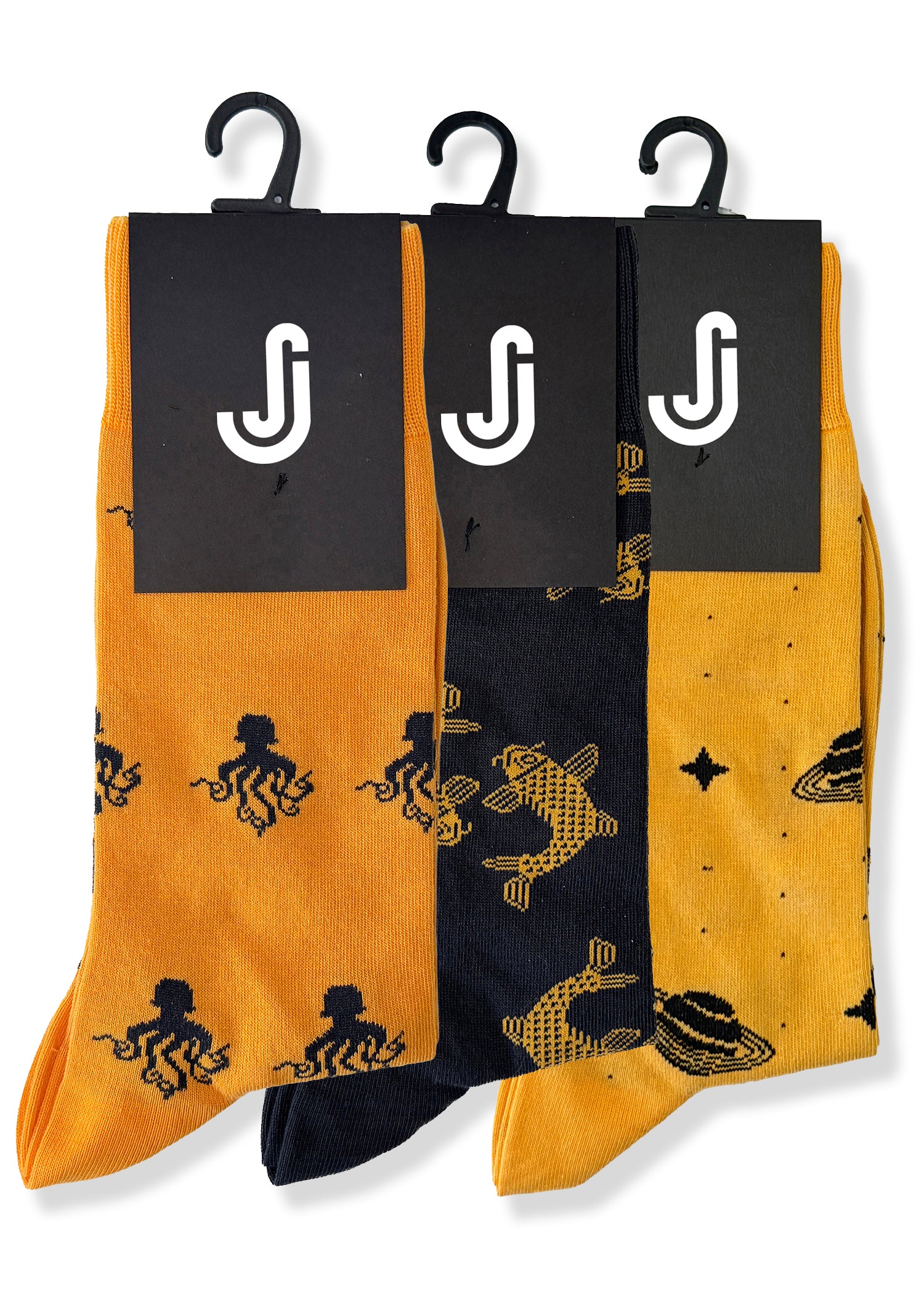 Saturn and Sea Triple Pack – 3 Pack Novelty Socks – Space, Carp Fish & Octopus Designs – UK 7-10.5