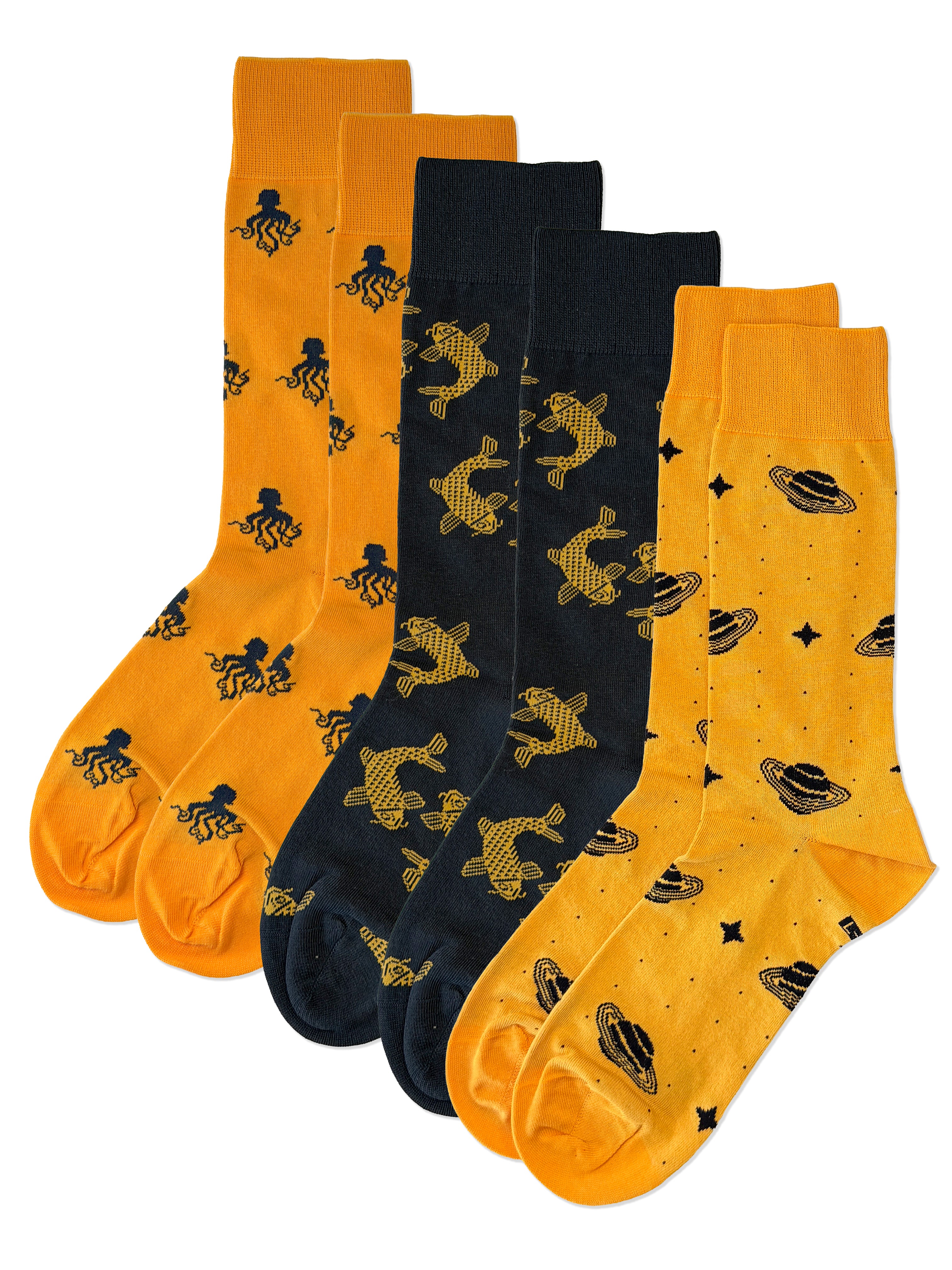 Saturn and Sea Triple Pack – 3 Pack Novelty Socks – Space, Carp Fish & Octopus Designs – UK 7-10.5