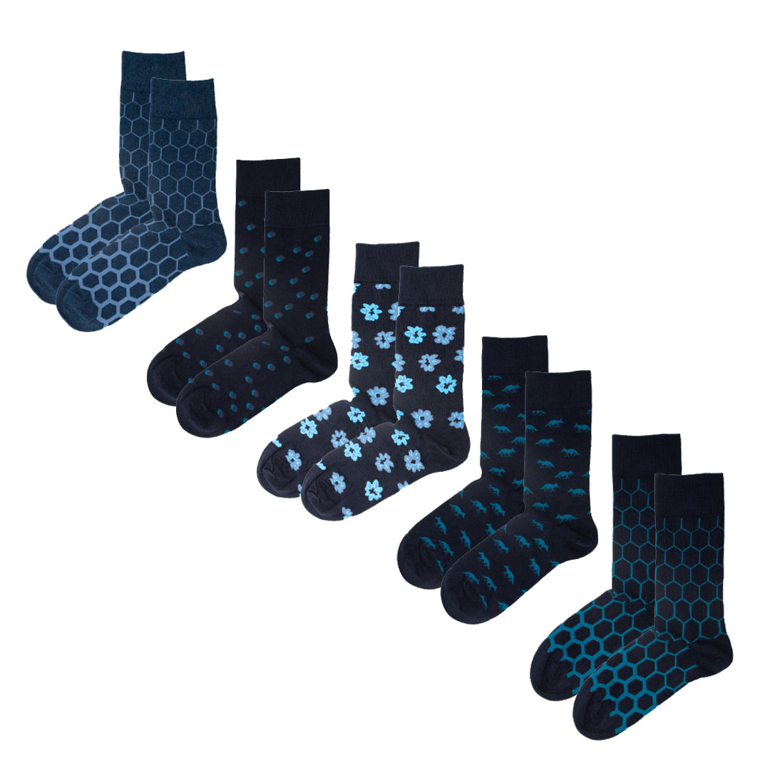 5-Pack Mens Blue Multi Design Socks – Organic Cotton