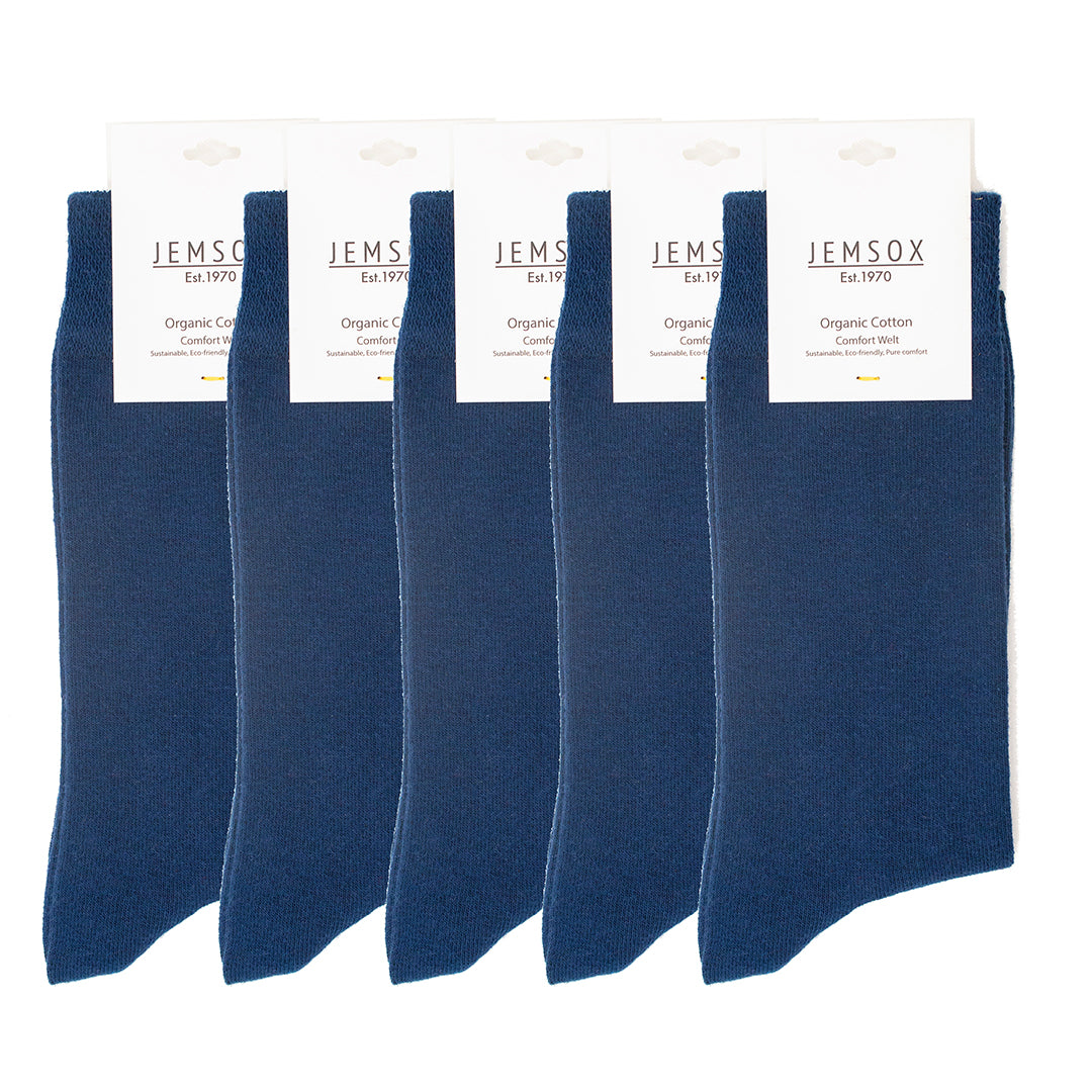 5 Pack - Men’s Luxury Denim Blue Plain Colour Organic Cotton Comfort Welt Socks – UK 6-9
