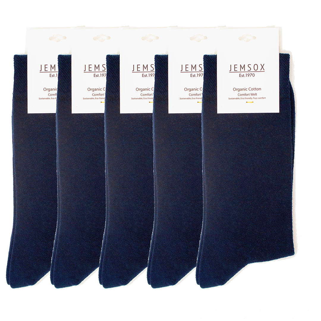 5 Pack - Men’s Luxury Navy Blue Plain Colour Organic Cotton Comfort Welt Socks – UK 6-9