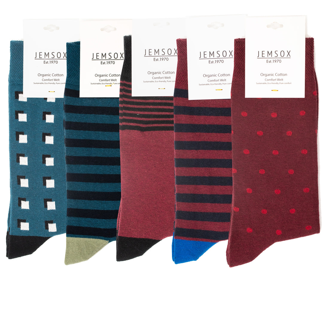 5pk Bordeaux & Manor Green Quintet - Organic Cotton Comfort Welt Socks (One Size UK 9-12)