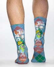 Colorful socks with cartoon character design on a white background