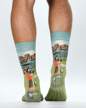 Golf-themed socks with a golf club and cart design on a white background