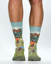Golf-themed socks with cartoon raccoons playing golf on a white background
