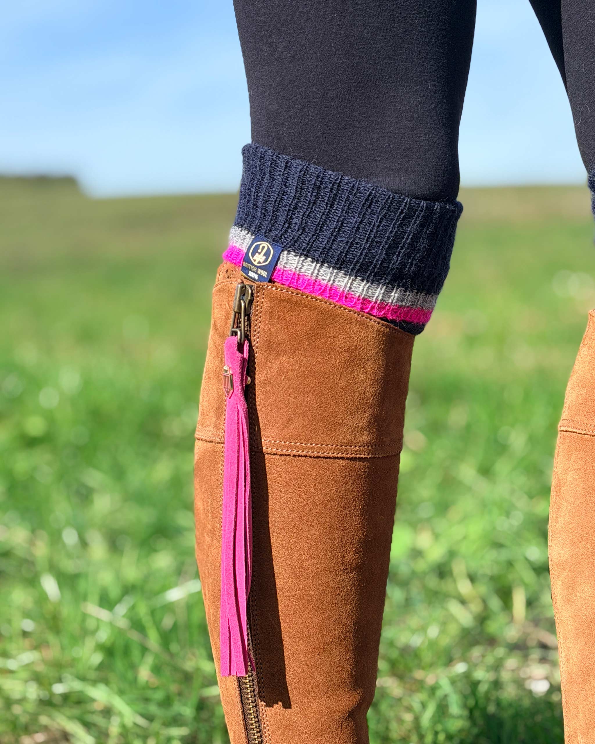 Wellington Boot Socks – Navy & Pink | 100% British Wool | UK 4-7