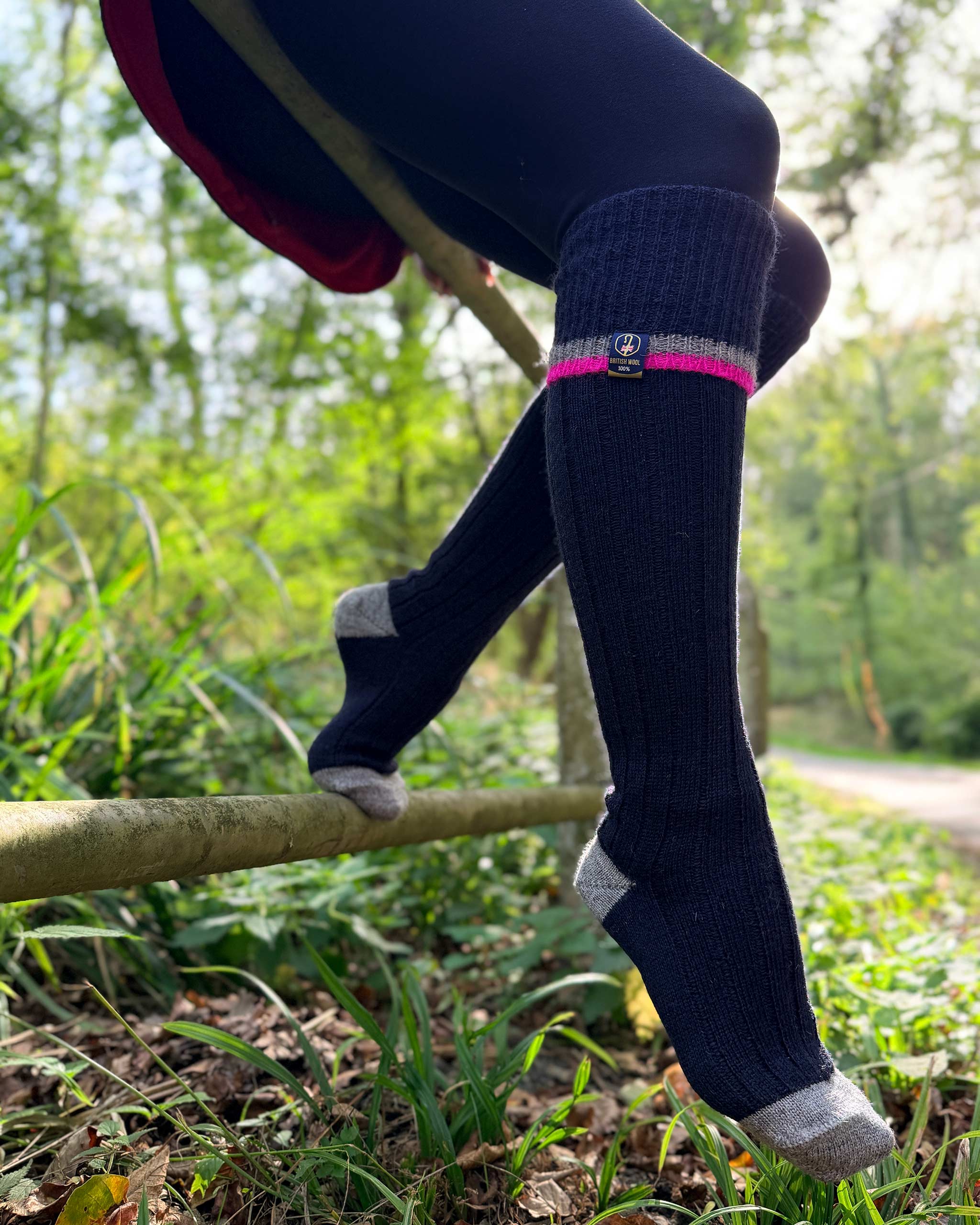 Wellington Boot Socks – Navy & Pink | 100% British Wool | UK 4-7