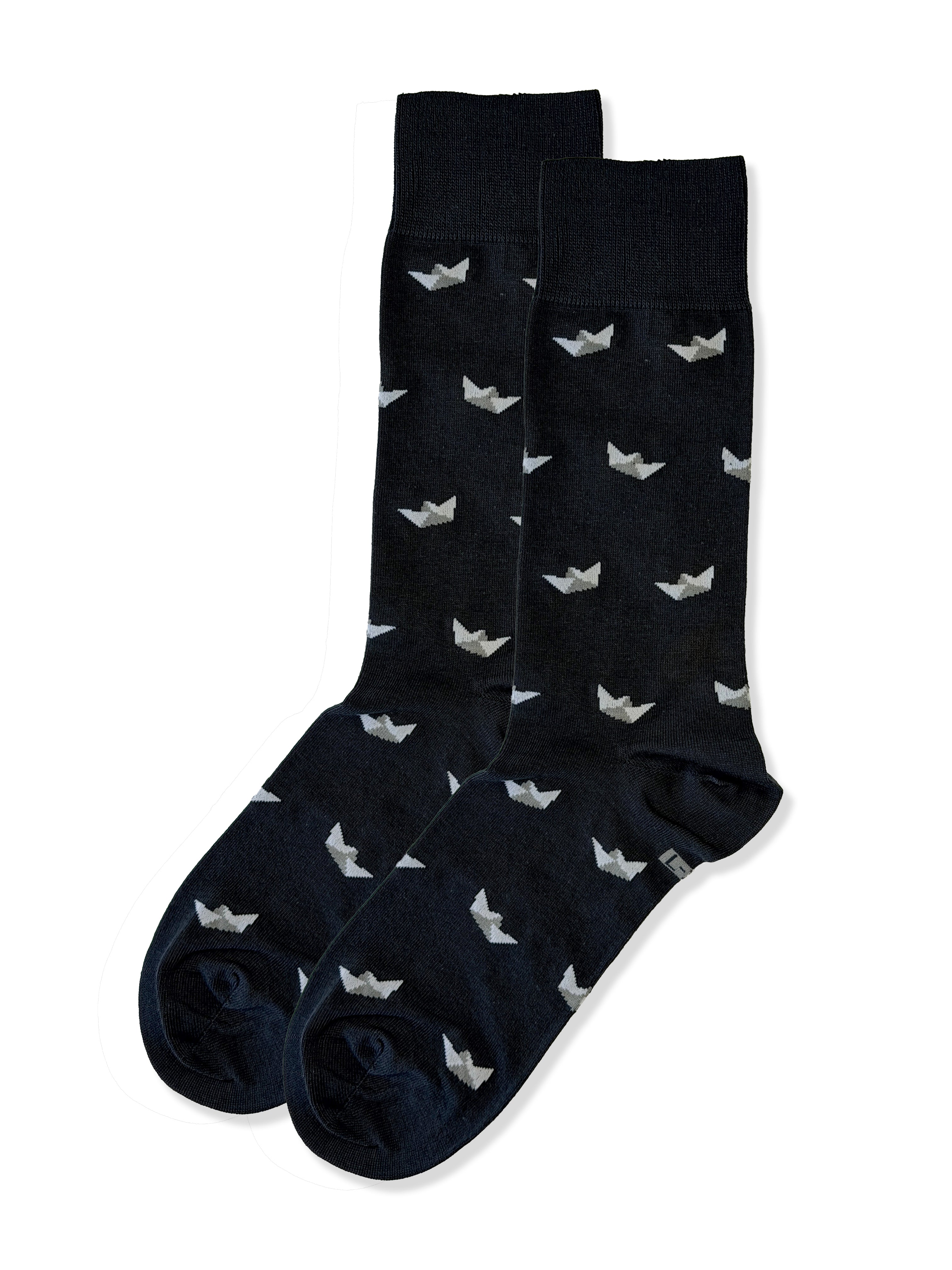 Origami Boats (Black) Premium Pattern Socks | Cotton-Rich Novelty Socks by Jemsox