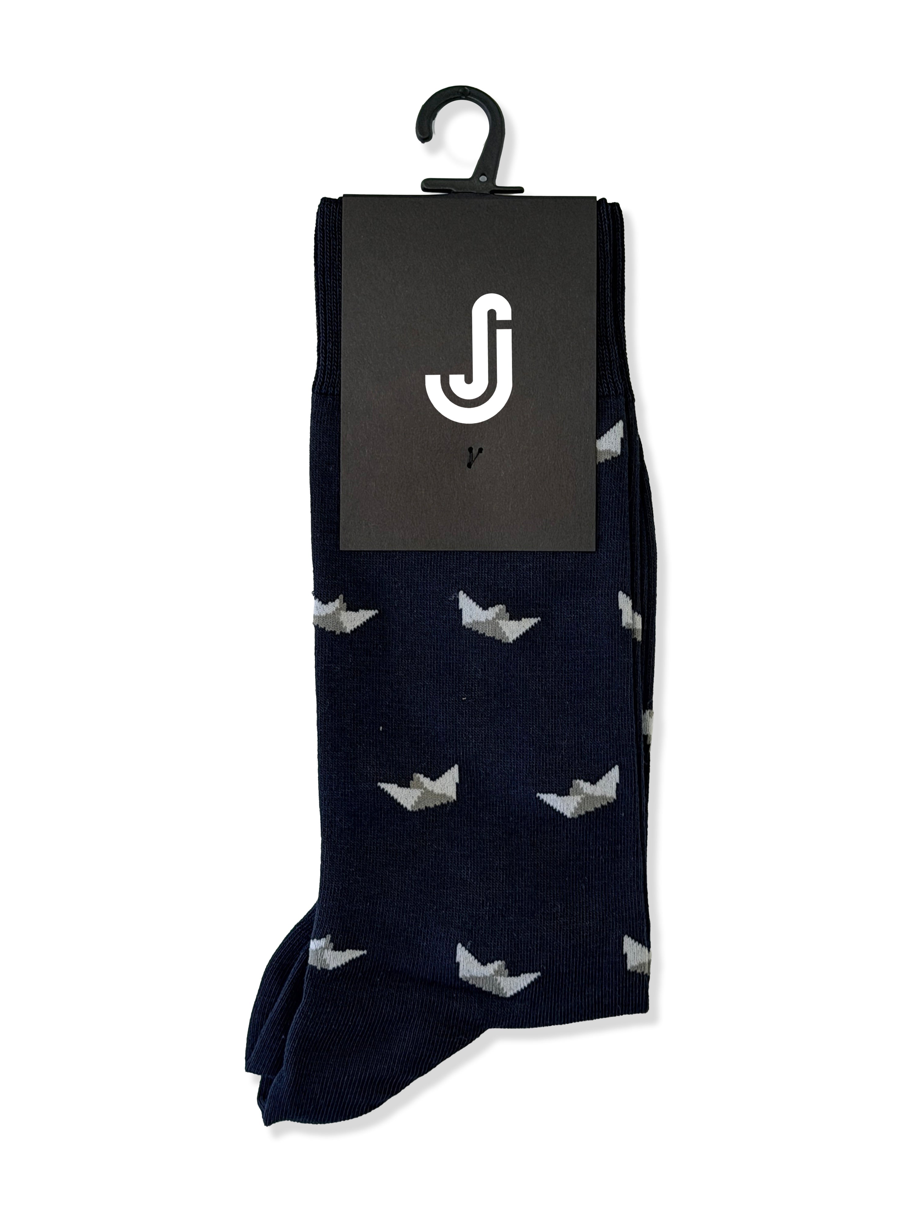 Origami Boats (Navy) Premium Pattern Socks | Cotton-Rich Novelty Socks by Jemsox