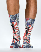 Colorful socks with a design of people on a white background