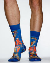 Blue socks with colorful designs on a white background