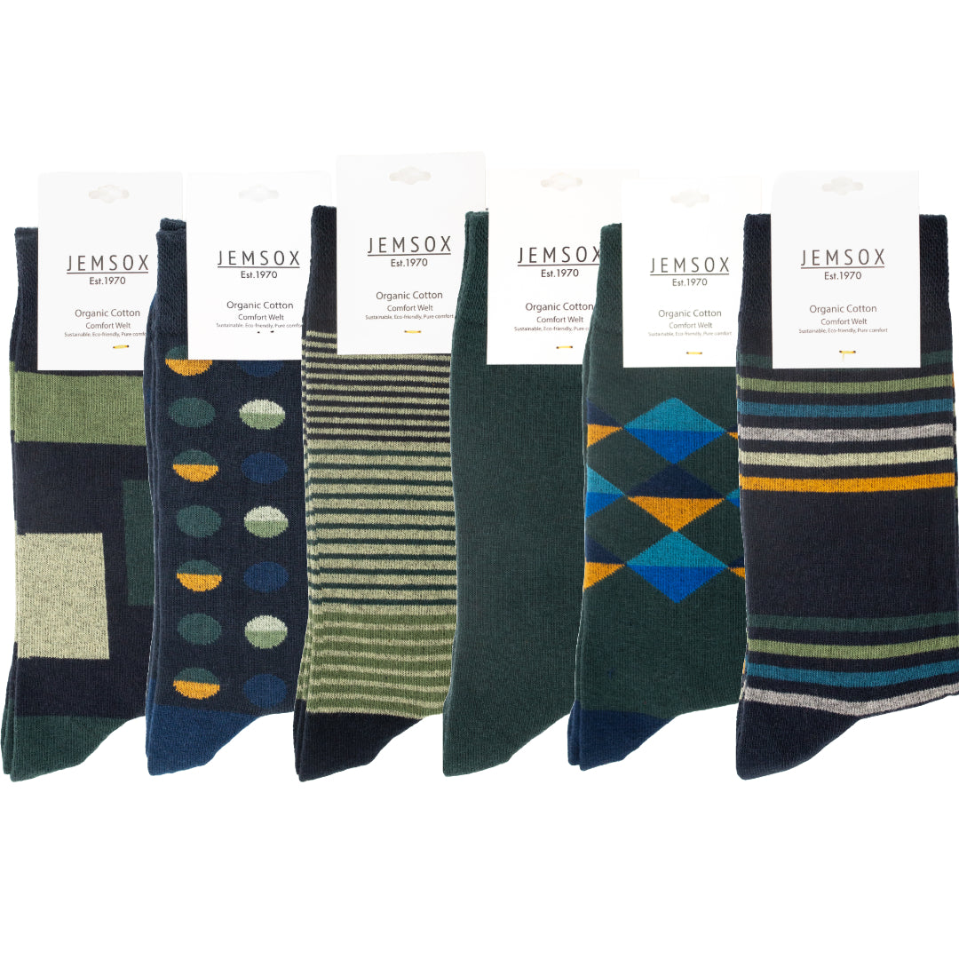 6 Pack Green Organic Cotton Mens Socks | Comfort Welt Bundle