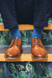 Person wearing brown leather shoes and blue socks on a decorative step.