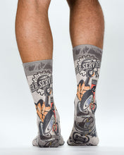 Gray socks with car service design worn by a person on a white background