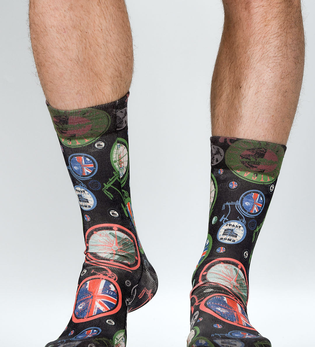 Socks with British-themed design featuring Union Jack and iconic symbols on a plain background