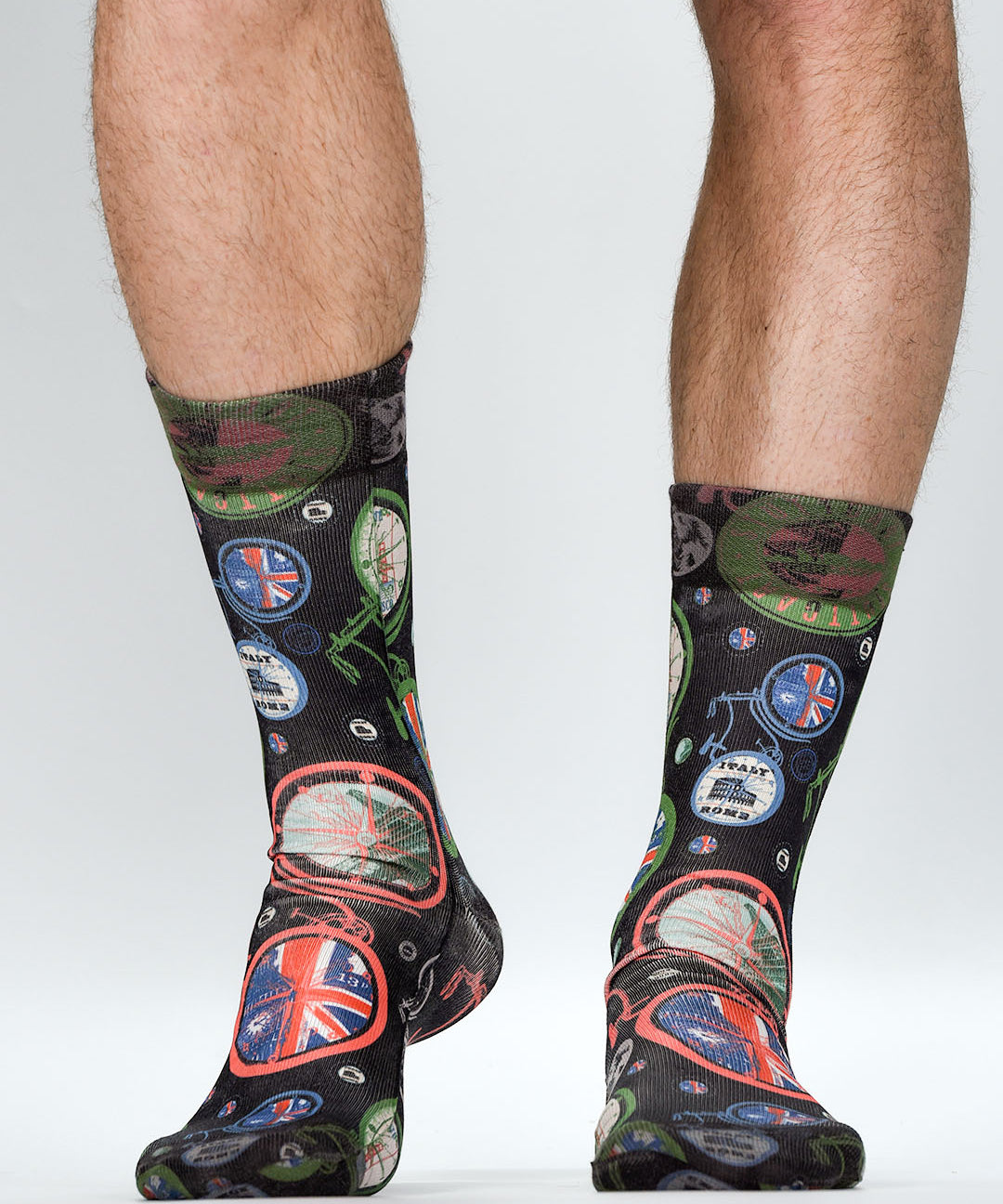 Socks with British-themed design featuring Union Jack and iconic symbols on a plain background