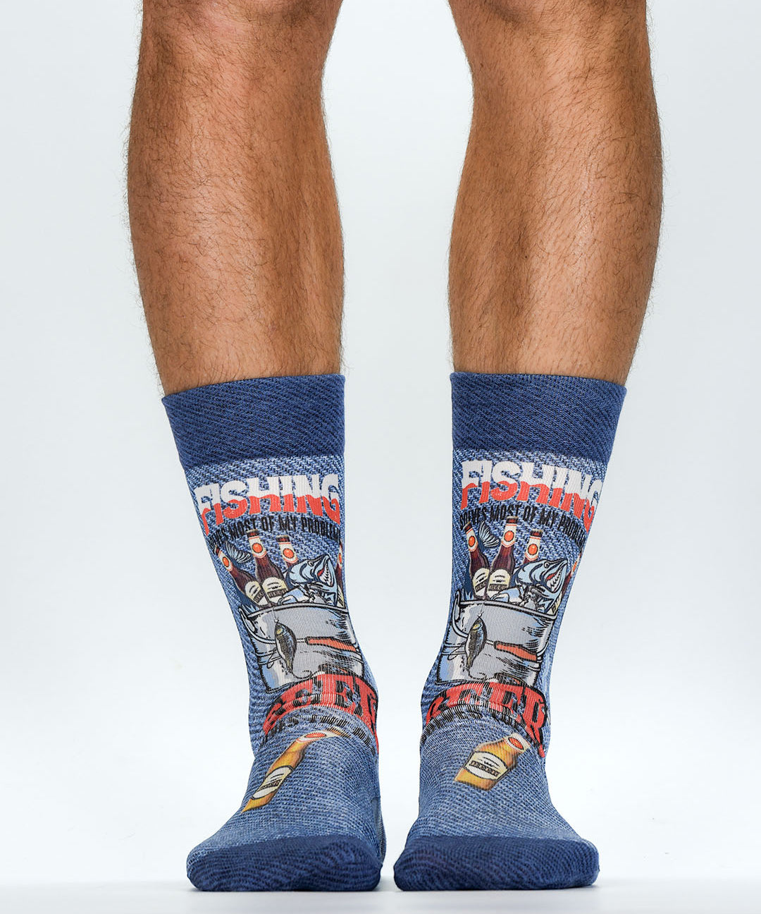 Colourful socks with fishing and beer design