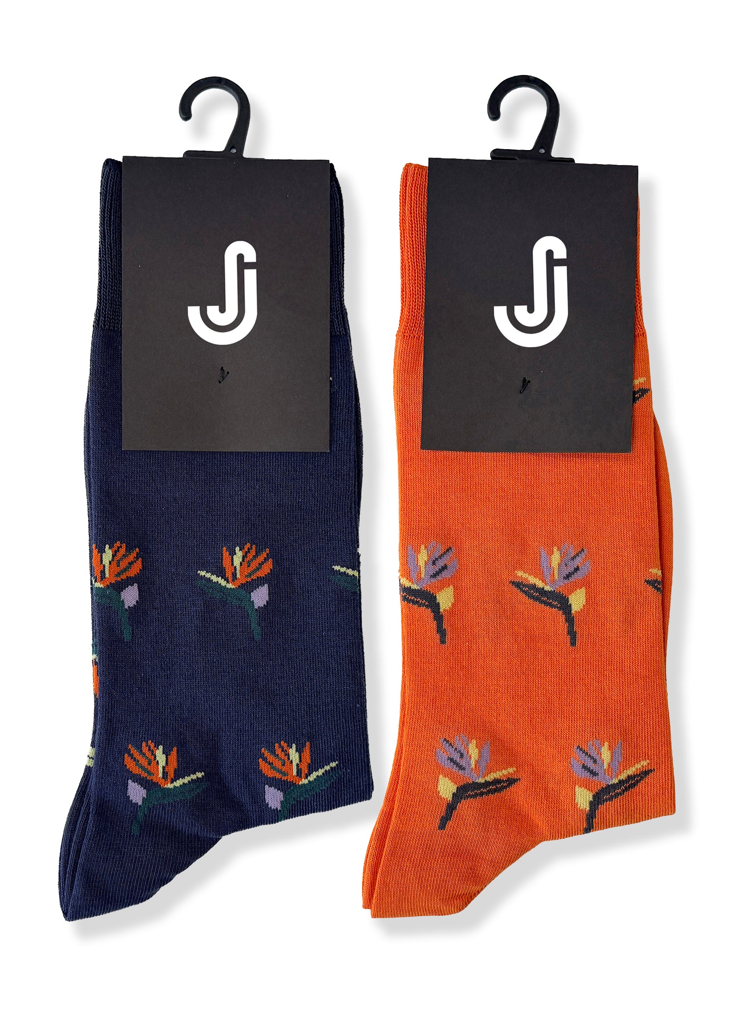 Bird of Paradise Duo – 2 Pack Patterned Socks – Navy & Orange Tropical Design – UK 7-10.5