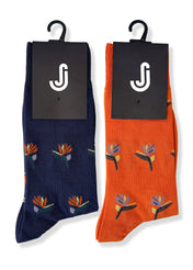 Bird of Paradise Duo – 2 Pack Patterned Socks – Navy & Orange Tropical Design – UK 7-10.5