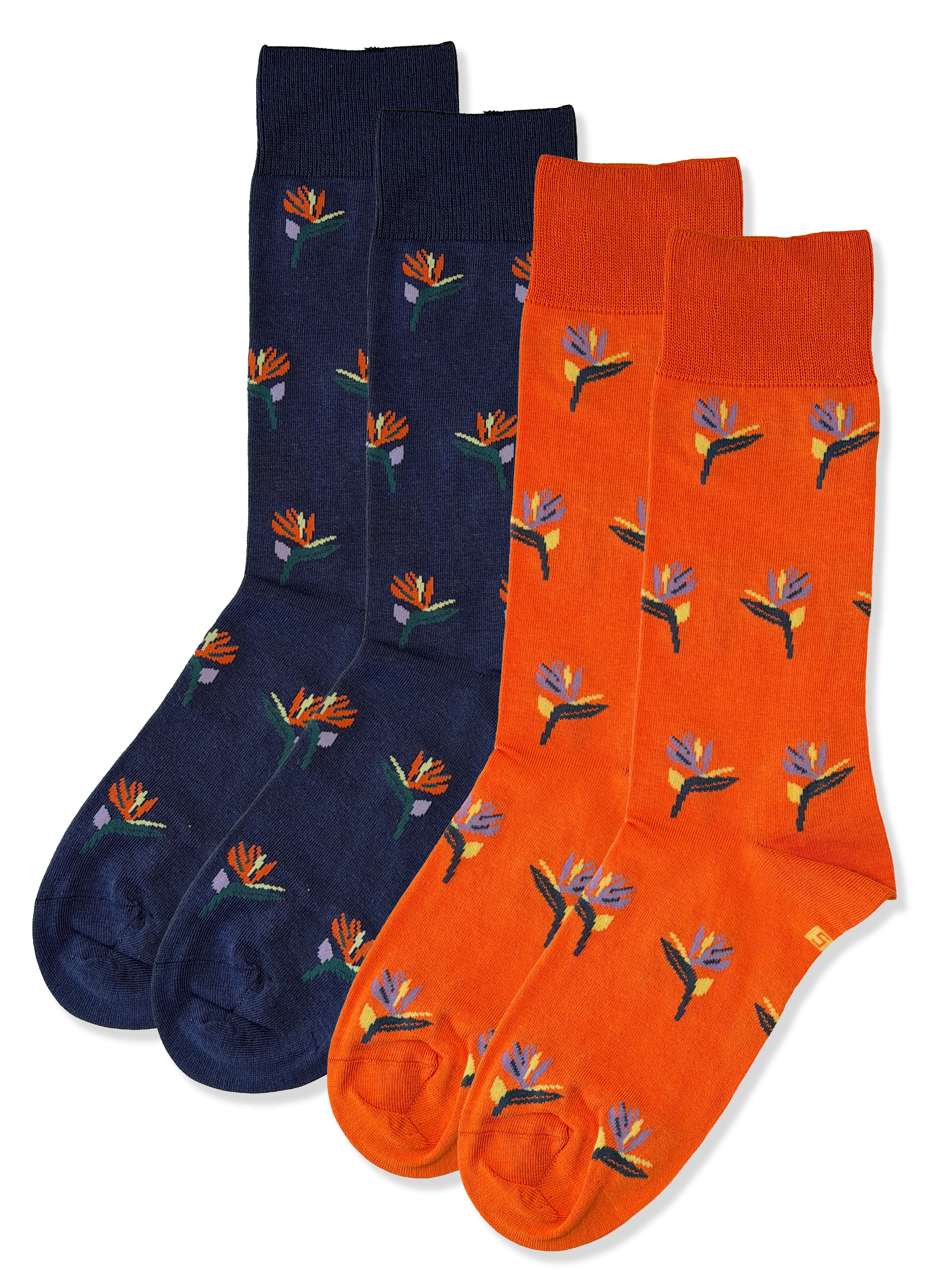 Bird of Paradise Duo – 2 Pack Patterned Socks – Navy & Orange Tropical Design – UK 7-10.5