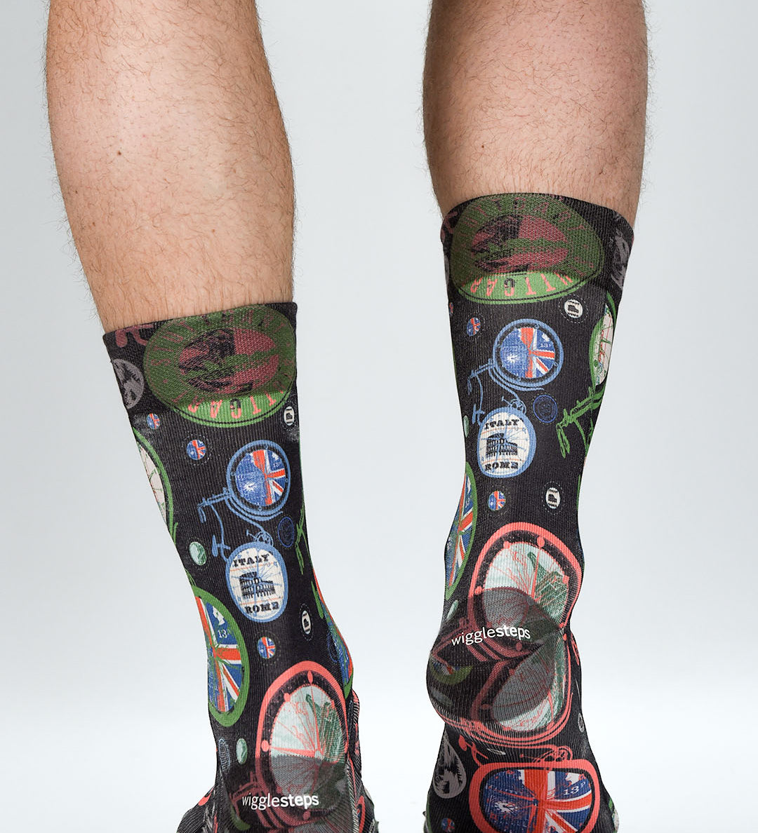 Socks with British-themed design worn by a person on a white background