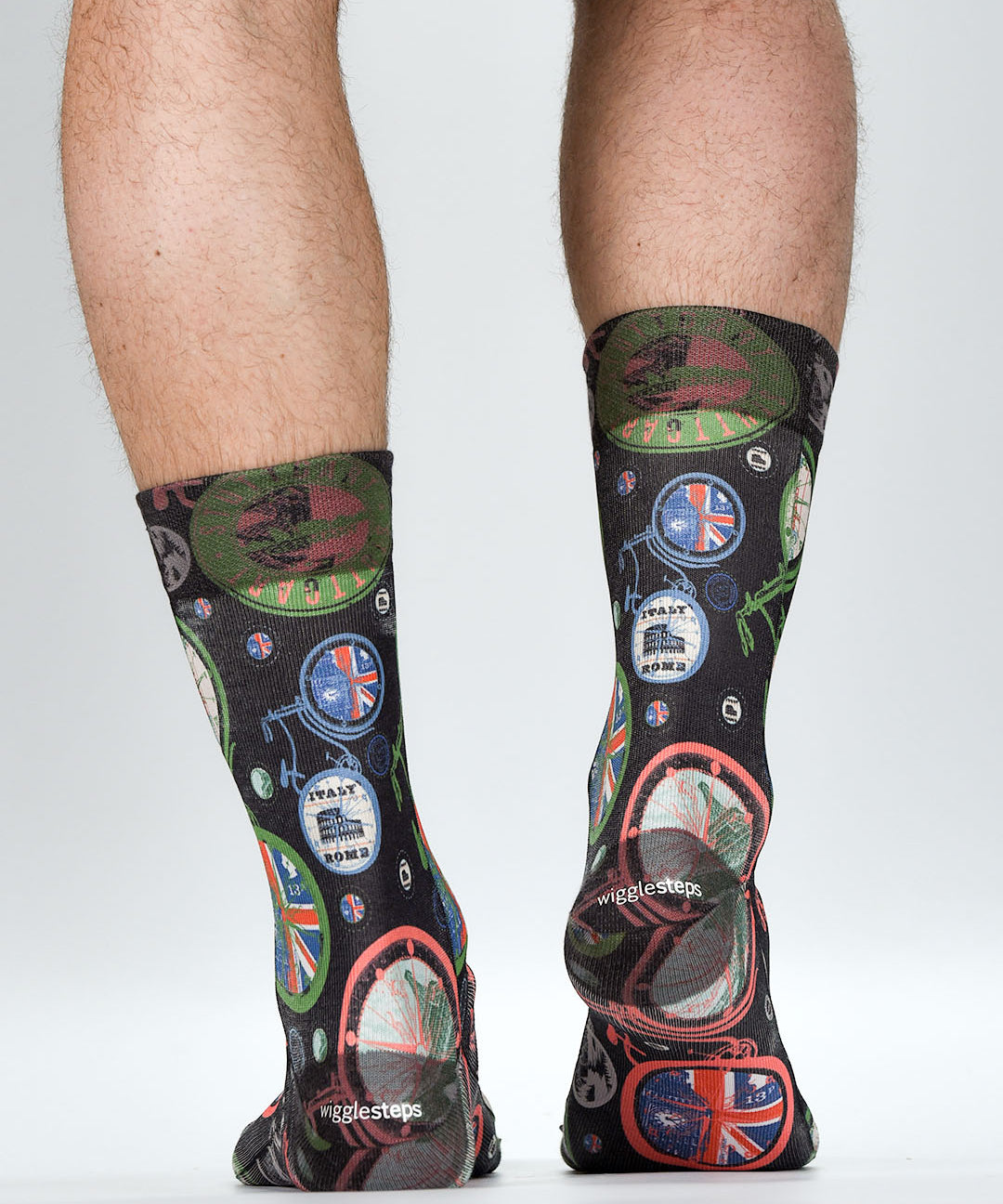 Socks with British-themed design worn by a person on a white background